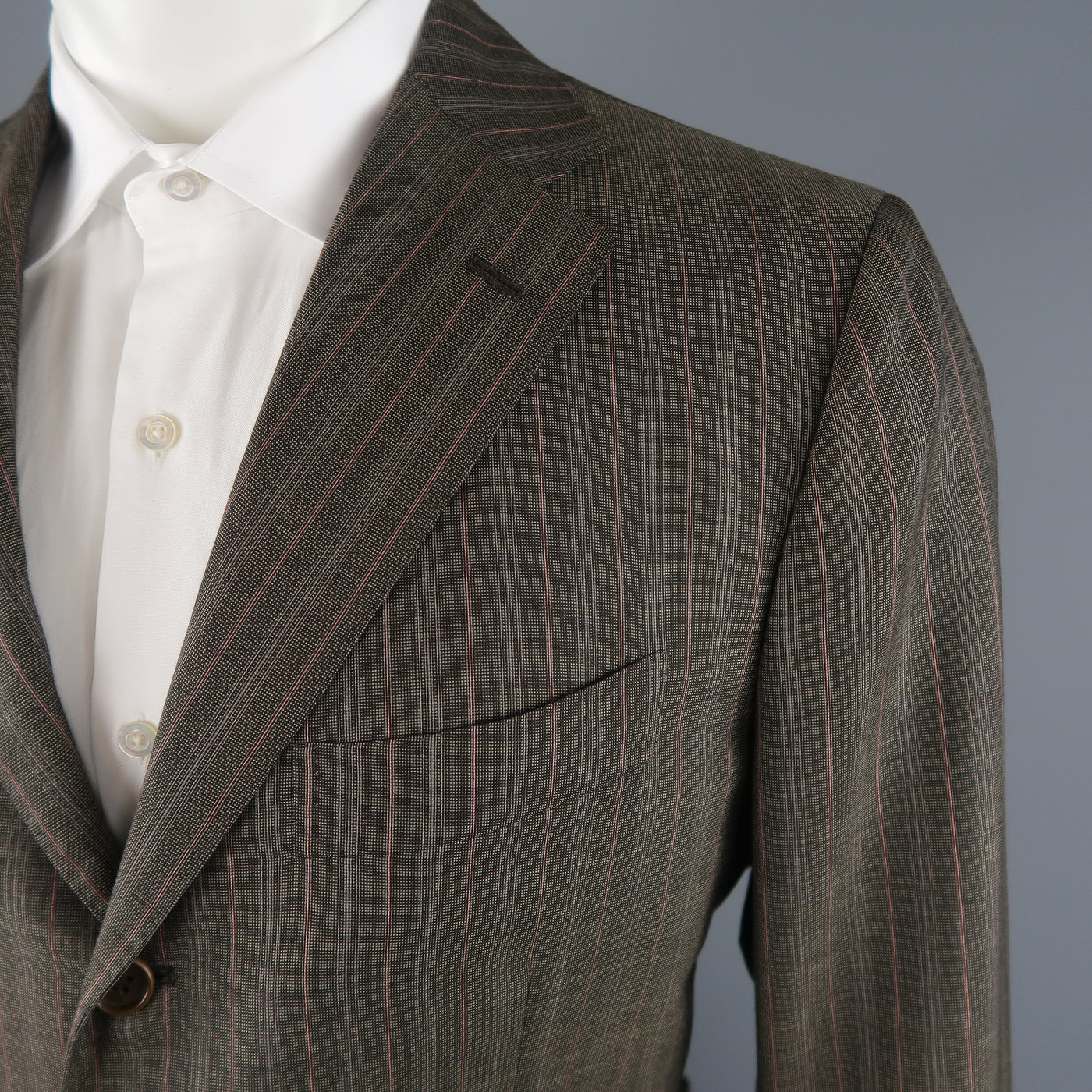 KITON 42 Regular Brown & Orange Pinstripe Cashmere 3 Button Notch Lapel Suit