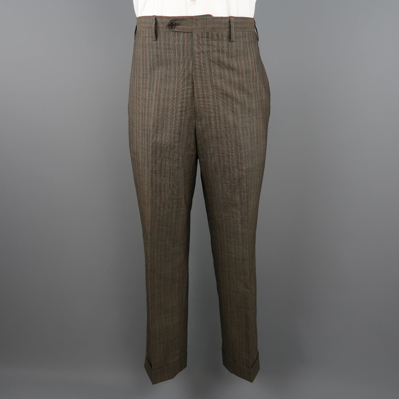 KITON 42 Regular Brown & Orange Pinstripe Cashmere 3 Button Notch Lapel Suit