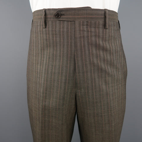 KITON 42 Regular Brown & Orange Pinstripe Cashmere 3 Button Notch Lapel Suit