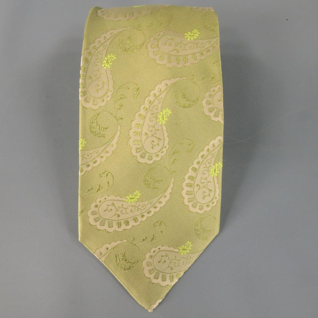 KITON Light Green Beige Paisley Print Silk Tie