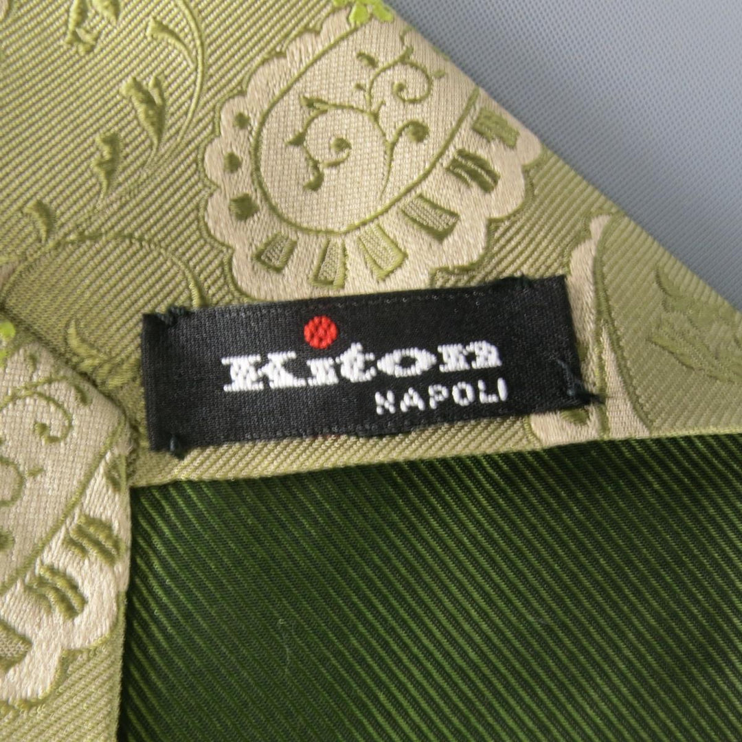KITON Light Green Beige Paisley Print Silk Tie
