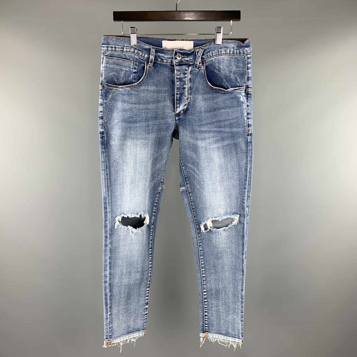 KOLLAR Size 32 x 29 Blue Distressed Denim Button Fly Jeans