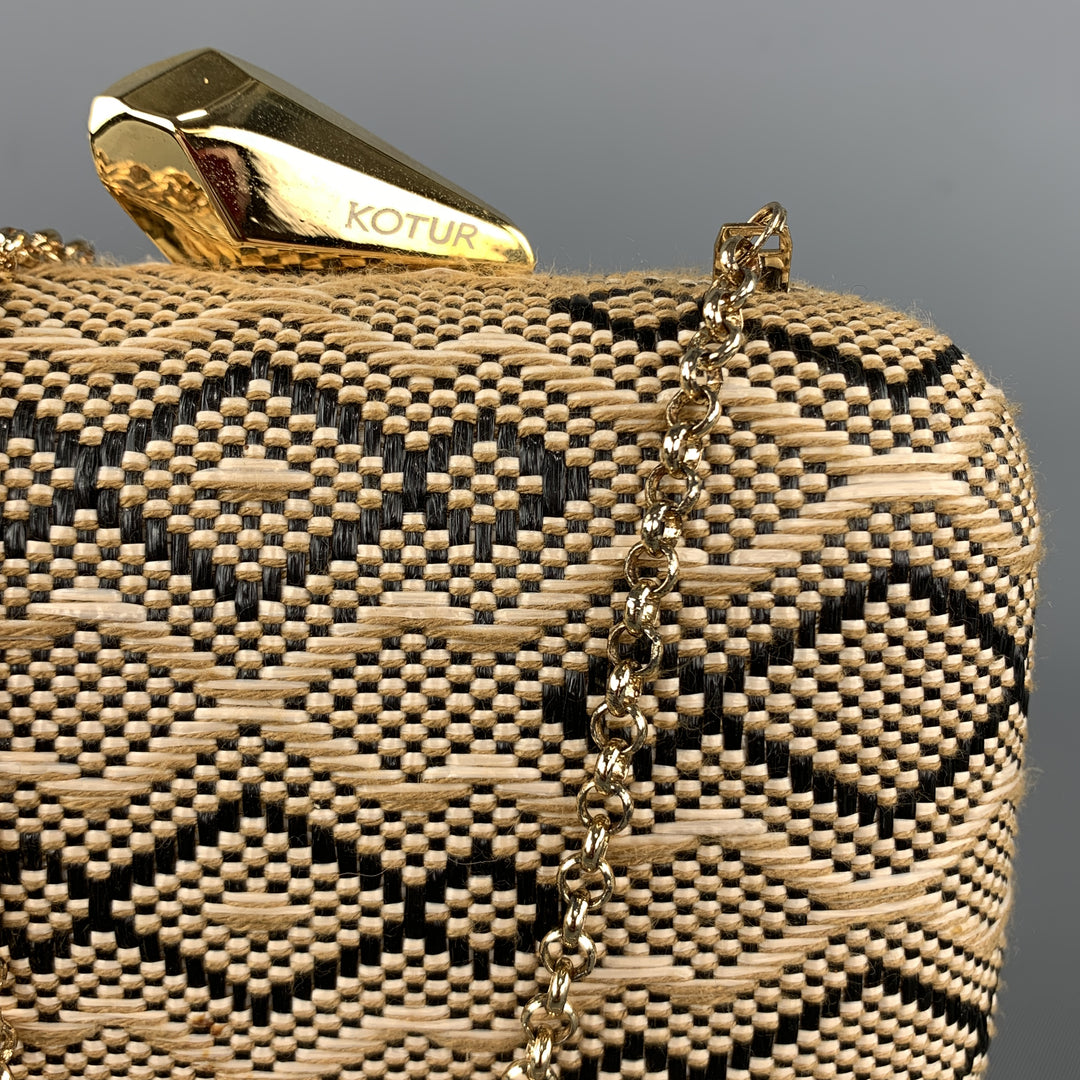 KOTUR Beige & Black Fabric Woven Gold Chain Handbag