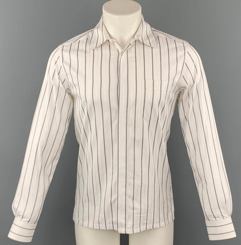 KRIS VAN ASSCHE Size XS White & Navy Stripe Cotton Long Sleeve Shirt