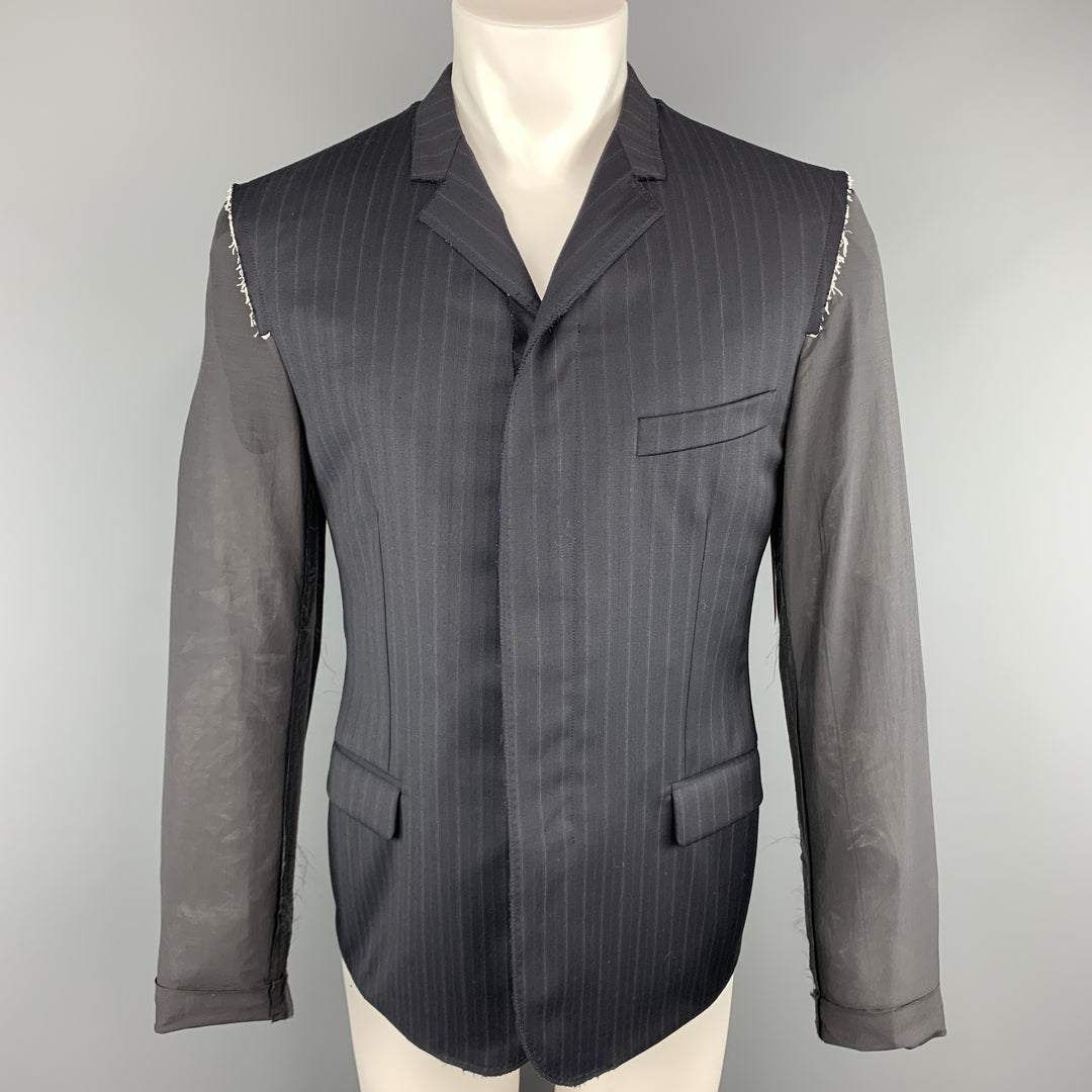 LANVIN 40 Navy Striped Wool Notch Lapel Sheer Back & Sleeves Jacket