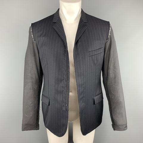 LANVIN 40 Navy Striped Wool Notch Lapel Sheer Back & Sleeves Jacket