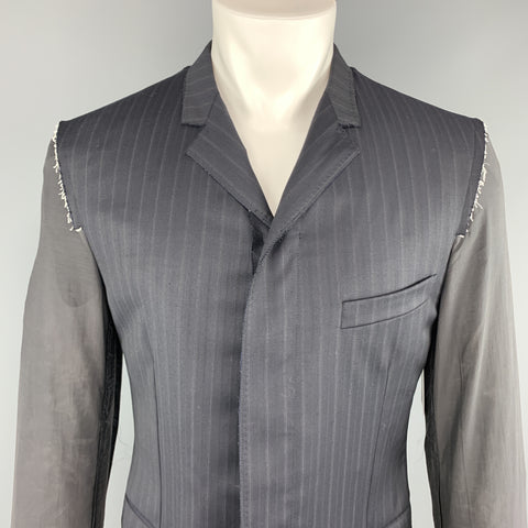 LANVIN 40 Navy Striped Wool Notch Lapel Sheer Back & Sleeves Jacket