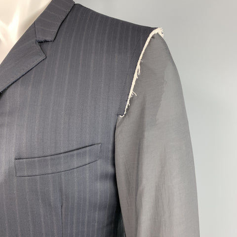 LANVIN 40 Navy Striped Wool Notch Lapel Sheer Back & Sleeves Jacket
