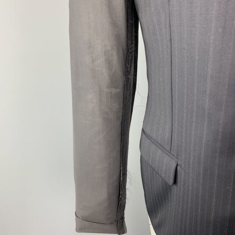 LANVIN 40 Navy Striped Wool Notch Lapel Sheer Back & Sleeves Jacket