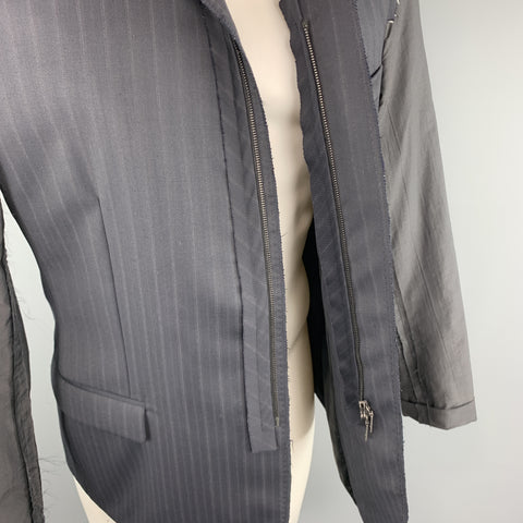 LANVIN 40 Navy Striped Wool Notch Lapel Sheer Back & Sleeves Jacket