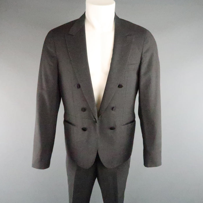 LANVIN 40 Short Charcoal Wool Black Satin Trim Peak Lapel Suit