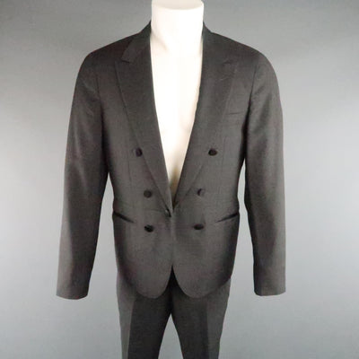 LANVIN 40 Short Charcoal Wool Black Satin Trim Peak Lapel Suit
