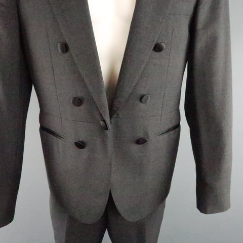 LANVIN 40 Costume court à revers en pointe en laine charbon de bois noir avec bordure en satin