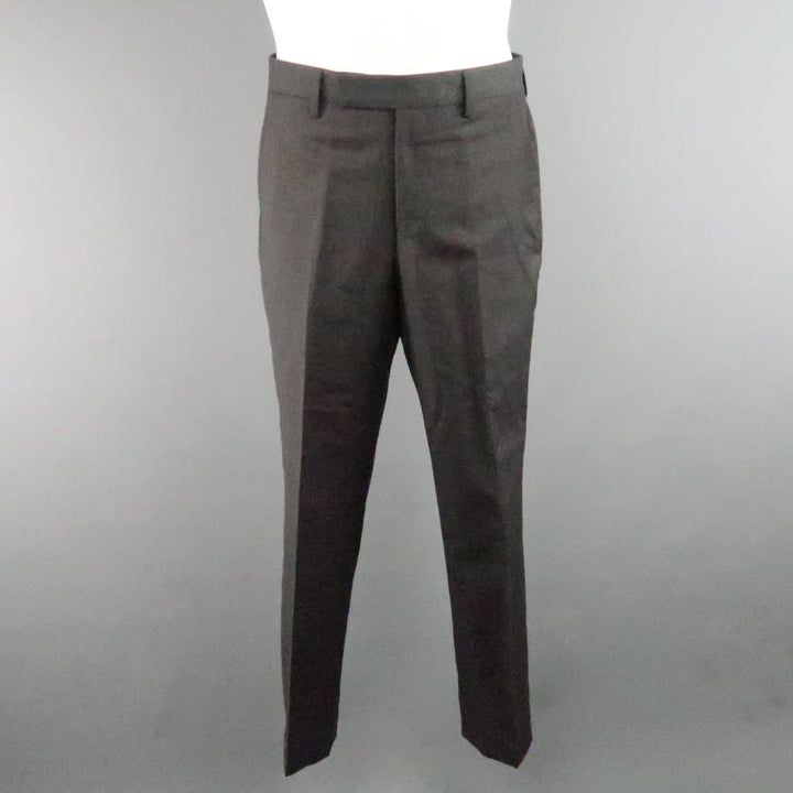 LANVIN 40 Short Charcoal Wool Black Satin Trim Peak Lapel Suit