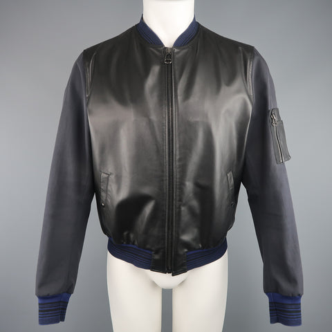 LANVIN 42 Black & Charcoal Leather & Canvas Blue Cuff Bomber Jacket