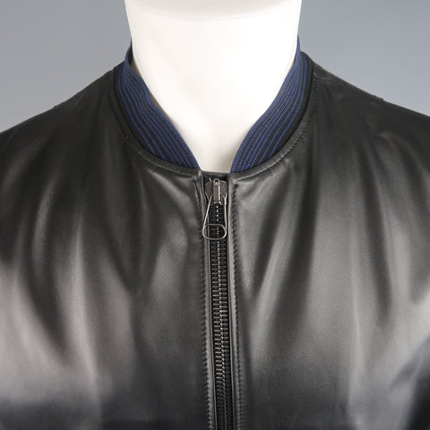 LANVIN 42 Black & Charcoal Leather & Canvas Blue Cuff Bomber Jacket