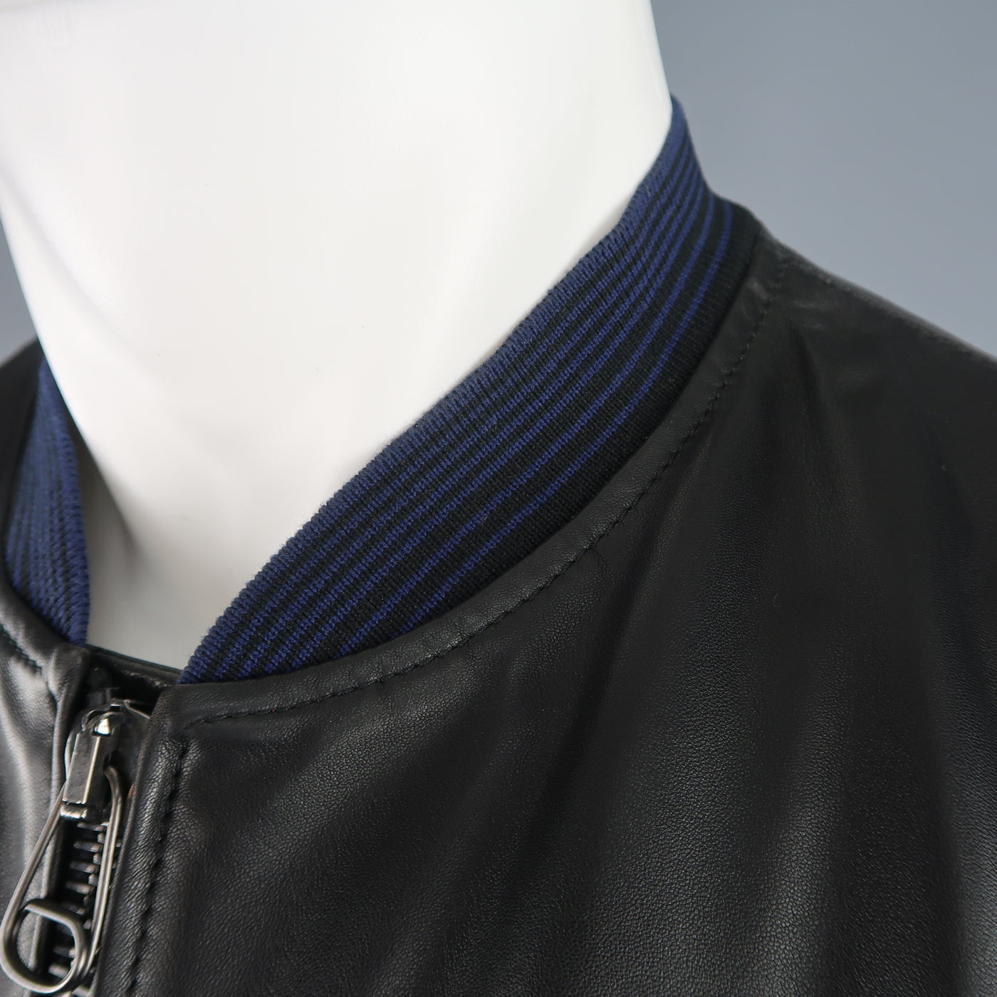 LANVIN 42 Black & Charcoal Leather & Canvas Blue Cuff Bomber Jacket