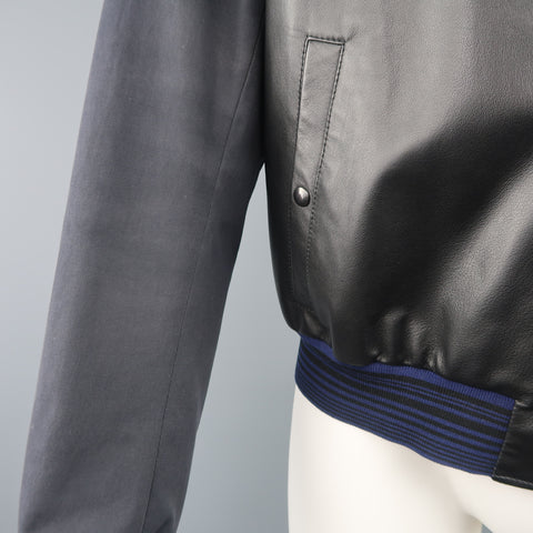 LANVIN 42 Black & Charcoal Leather & Canvas Blue Cuff Bomber Jacket