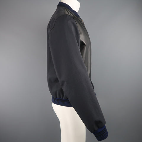 LANVIN 42 Black & Charcoal Leather & Canvas Blue Cuff Bomber Jacket