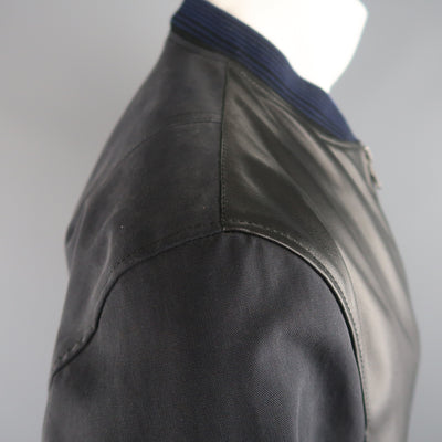 LANVIN 42 Black & Charcoal Leather & Canvas Blue Cuff Bomber Jacket