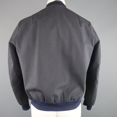 LANVIN 42 Black & Charcoal Leather & Canvas Blue Cuff Bomber Jacket