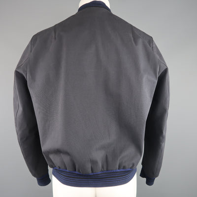 LANVIN 42 Black & Charcoal Leather & Canvas Blue Cuff Bomber Jacket