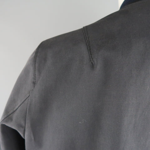 LANVIN 42 Black & Charcoal Leather & Canvas Blue Cuff Bomber Jacket