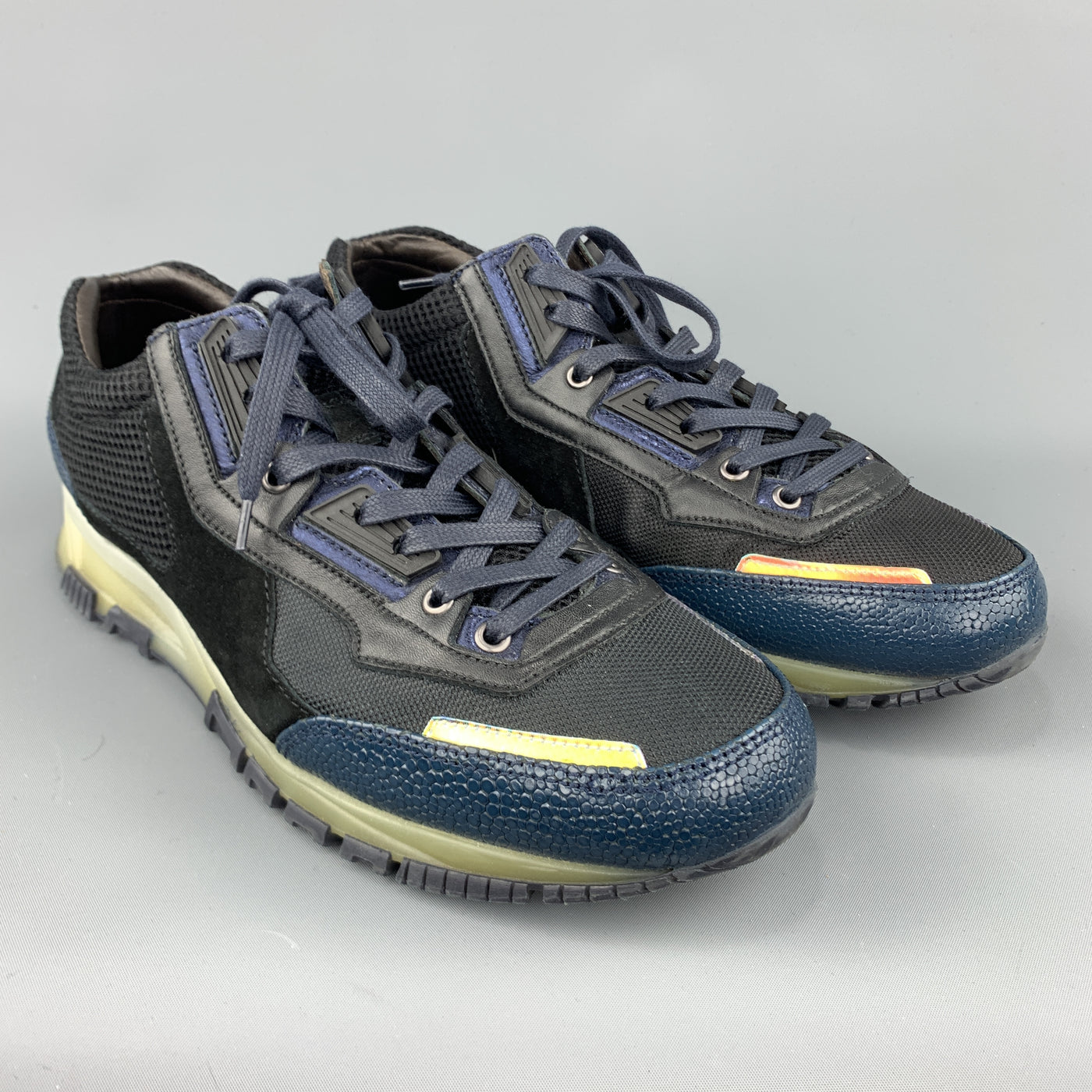 LANVIN Size 10 Black & Blue Color Block Refective Lace Up Sneakers