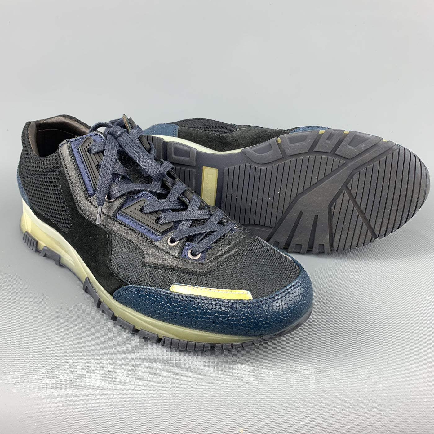 LANVIN Size 10 Black & Blue Color Block Refective Lace Up Sneakers