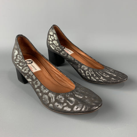 LANVIN Talla 12 Zapatos de tacón redondeados apilados de jacquard con estampado animal gris