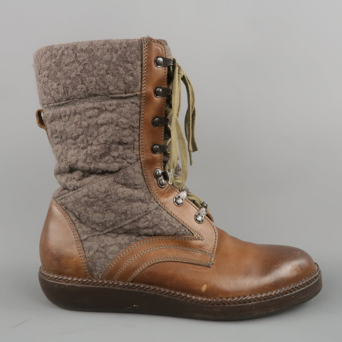 LANVIN Size 7 Brown Leather & Textured Lace Mid Calf Combat  display picture 1