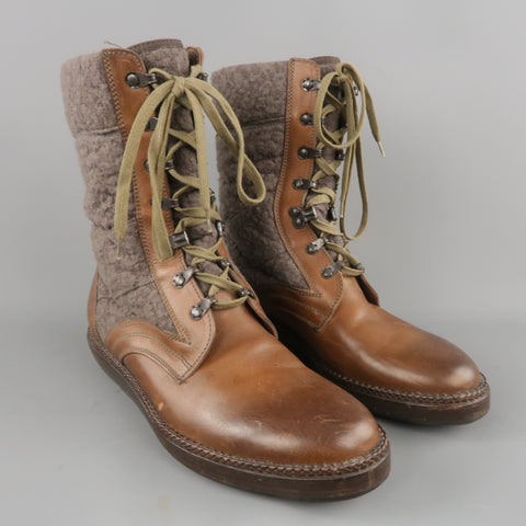 LANVIN Size 7 Brown  Leather & Textured Lace Mid Calf Combat Boots