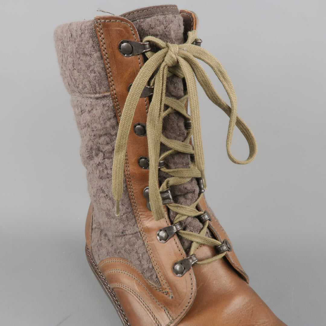 LANVIN Size 7 Brown  Leather & Textured Lace Mid Calf Combat Boots