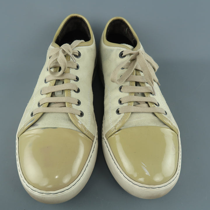 LANVIN Size 9 Beige Suede & Patent Leather Lace Up Sneakers