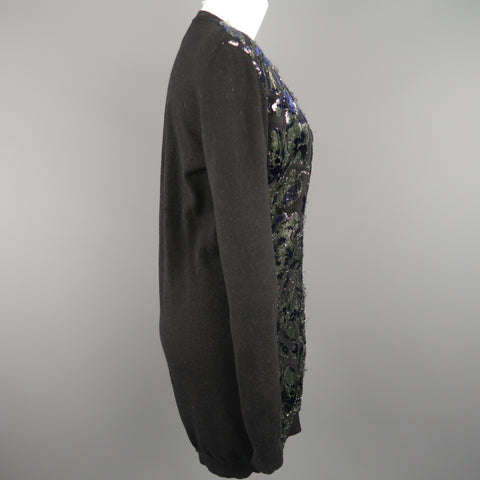 LANVIN Size M Black Metallic Burnout Jacquard Panel  Cardigan
