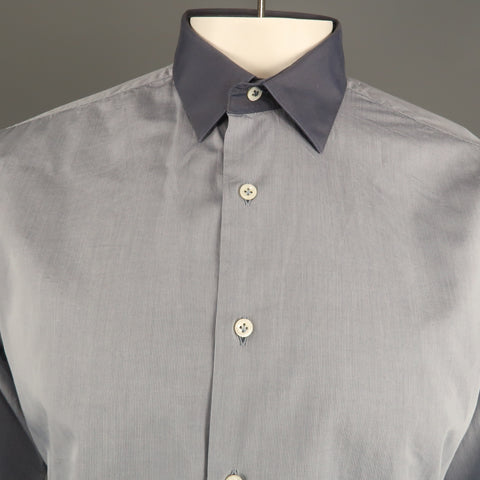 LANVIN Size M Navy Solid Cotton Contrast Collar Long Sleeve Shirt