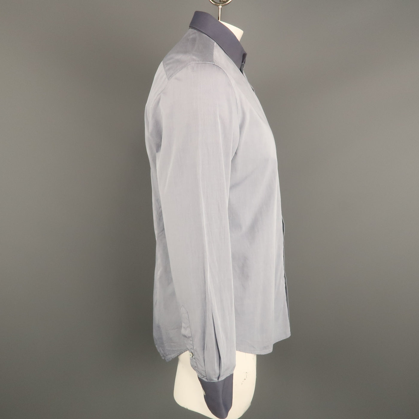 LANVIN Size M Navy Solid Cotton Contrast Collar Long Sleeve Shirt
