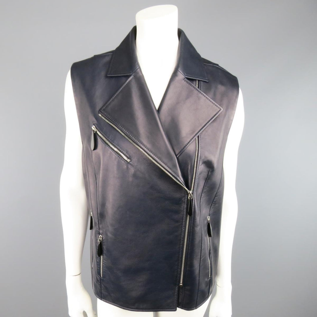 LENA LUMELSKY Size 4 Navy Leather Structured Back Motorcycle Vest