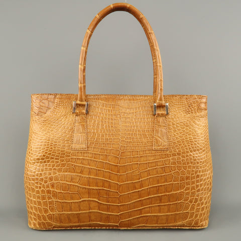 LK LEATHER BANGKOK Tan Crocodile Leather Double Top Handle Handbag