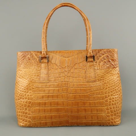 LK LEATHER BANGKOK Tan Crocodile Leather Double Top Handle Handbag