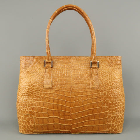 LK LEATHER BANGKOK Tan Crocodile Leather Double Top Handle Handbag