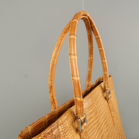 LK LEATHER BANGKOK Tan Crocodile Leather Double Top Handle Handbag