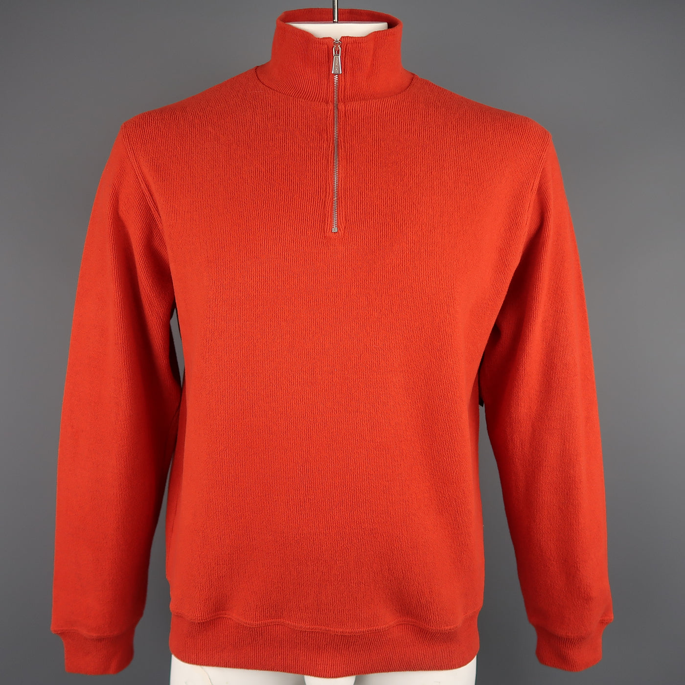 LORO PIANA Size L Orange Ribbed Jersey Half Zip Mock Neck Pullover