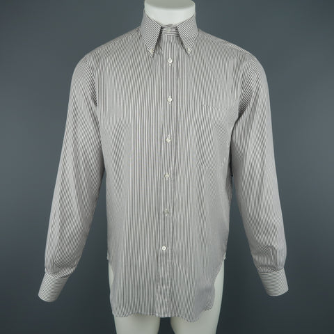 LORO PIANA Size M Grey & White Striped Cotton Long Sleeve Oxford Shirt