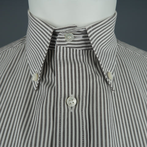 LORO PIANA Size M Grey & White Striped Cotton Long Sleeve Oxford Shirt