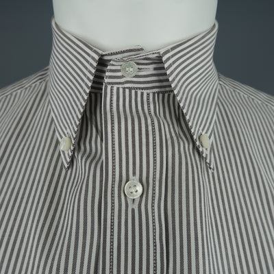 LORO PIANA Size M Grey & White Striped Cotton Long Sleeve Oxford Shirt
