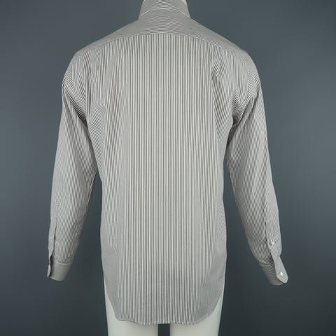 LORO PIANA Size M Grey & White Striped Cotton Long Sleeve Oxford Shirt