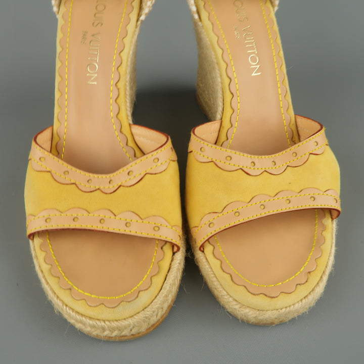 LOUIS VUITTON Size 9.5 Yellow Suede Tied Ankle Strap Espadrille Wedges