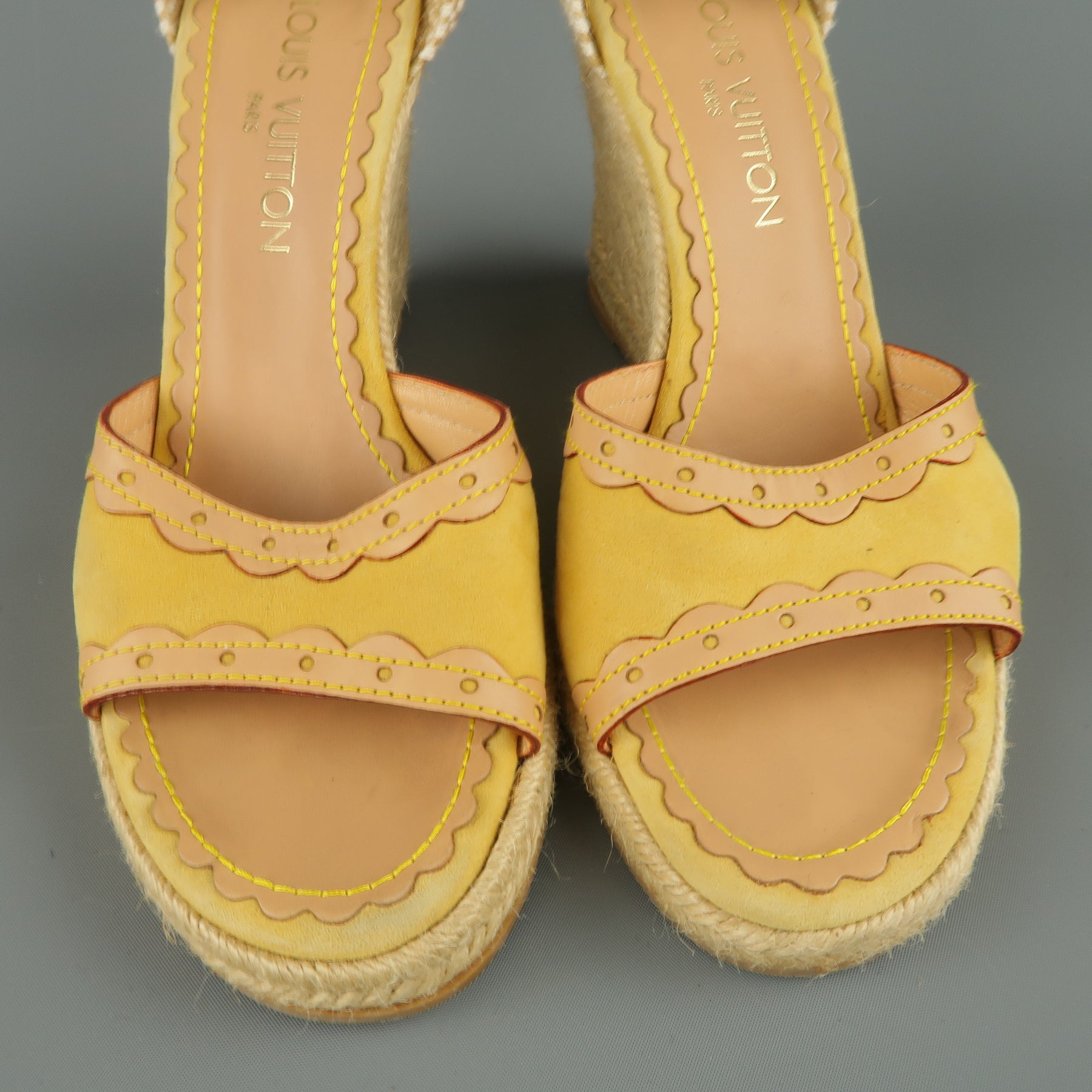 Louis Vuitton Yellow Suede Tied Ankle Strap Espadrille Wedges at