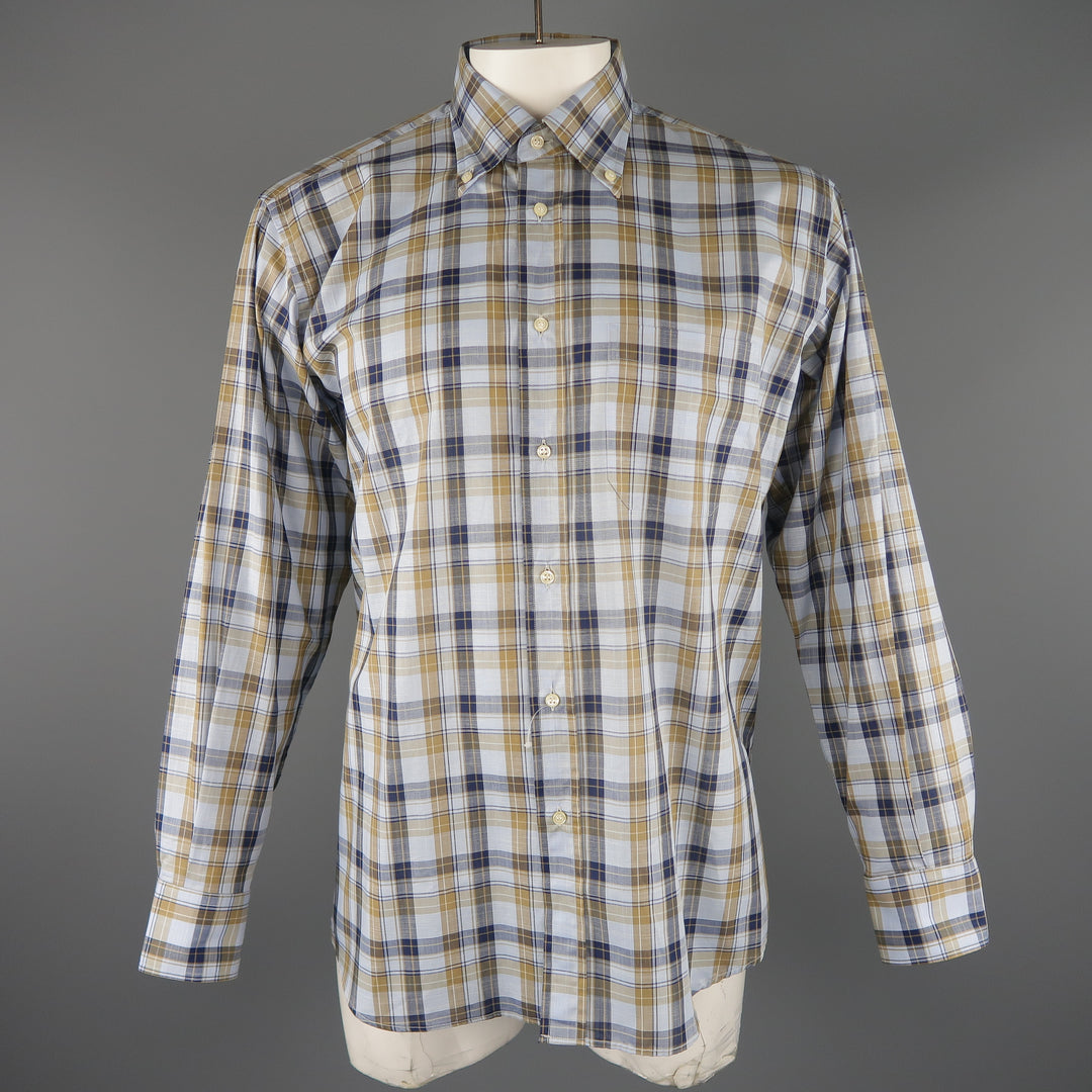 LUCIANO BARBERA Size L Light Blue Plaid Cotton Long Sleeve Shirt